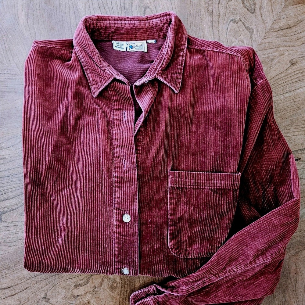 Woolrich Mens L Vintage Corduroy Shirt Burgundy Button Up 100% Cotton USA - Picture 1 of 7